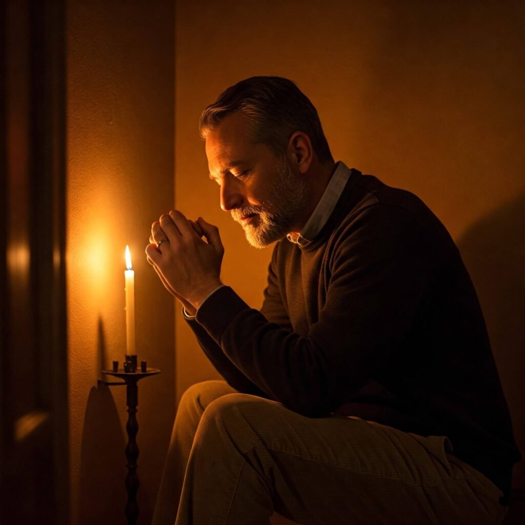 Person praying by candlelight.