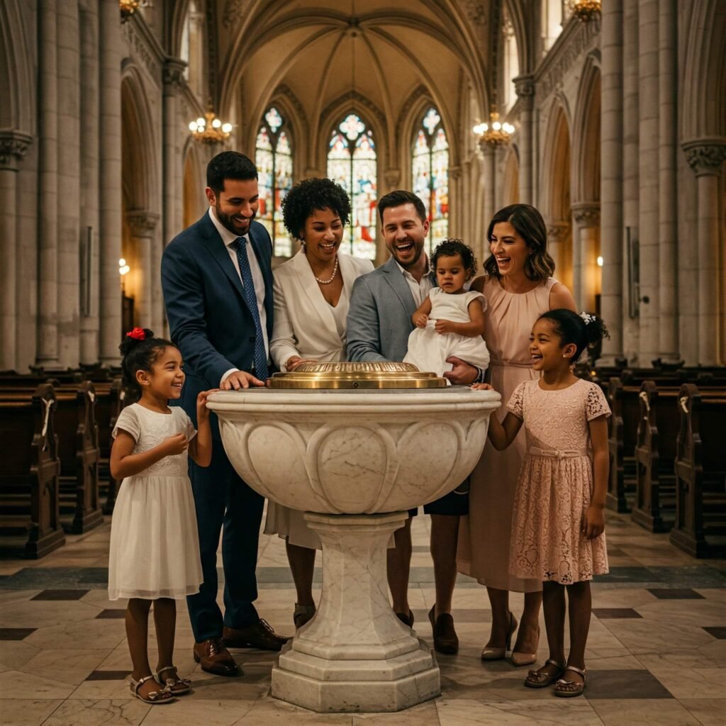 Family at baptismal font