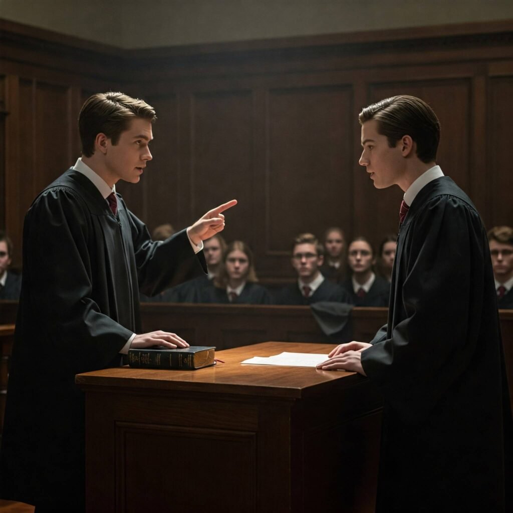 A dramatic scene mimicking a courtroom