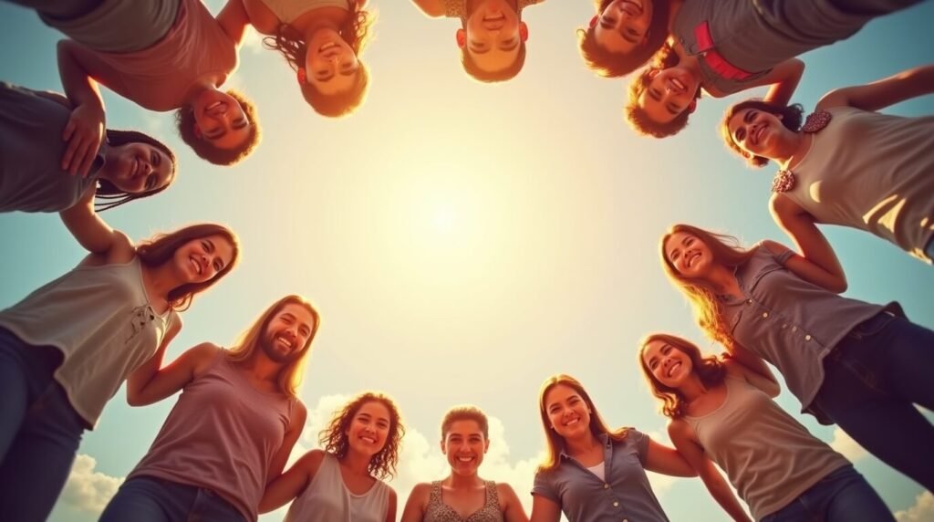 A diverse group of people holding hands in a circle