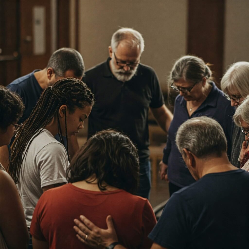 Group praying in vibrant unity