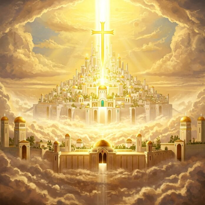 Heavenly city glowing with radiant cross
