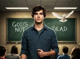 A cinematic poster-style image featuring a young student