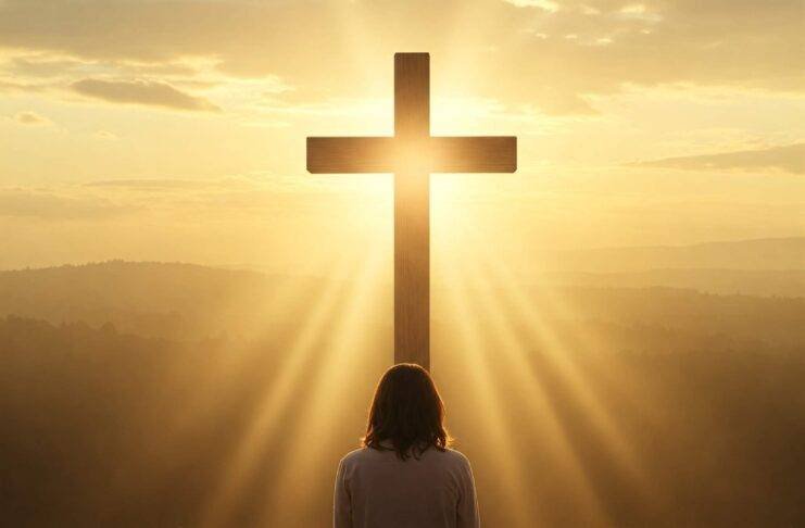 Person kneeling in prayer at dawn