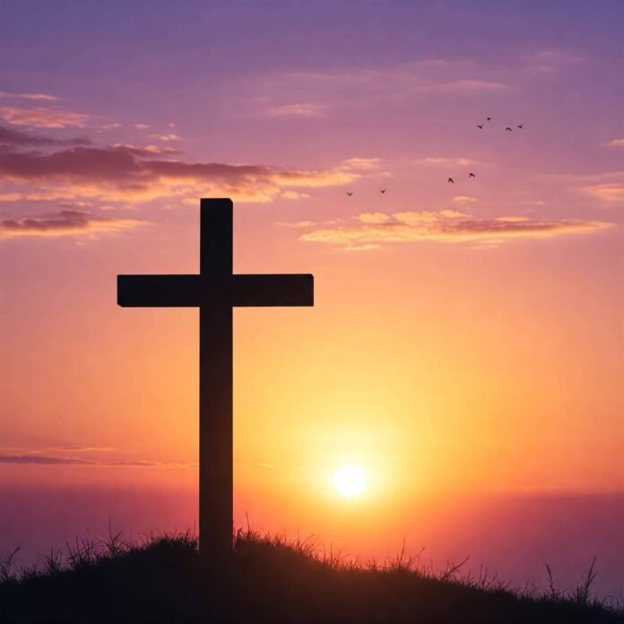 a serene sunrise landscape with a cross silhouette