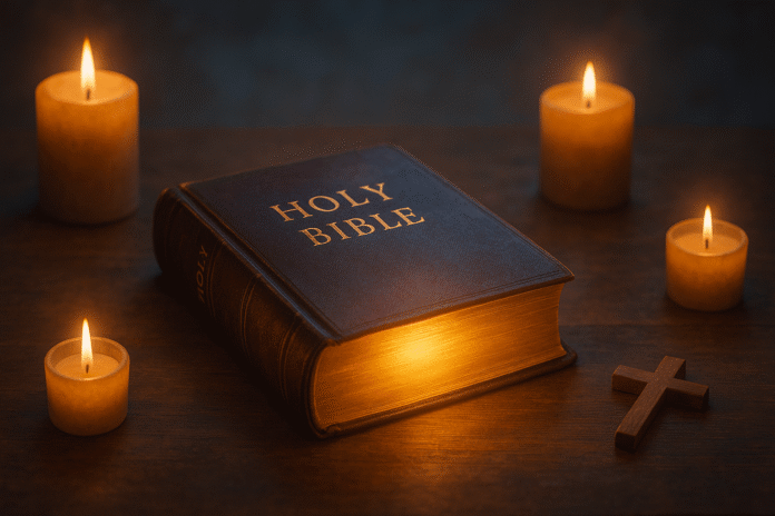 A glowing Bible on a wooden table