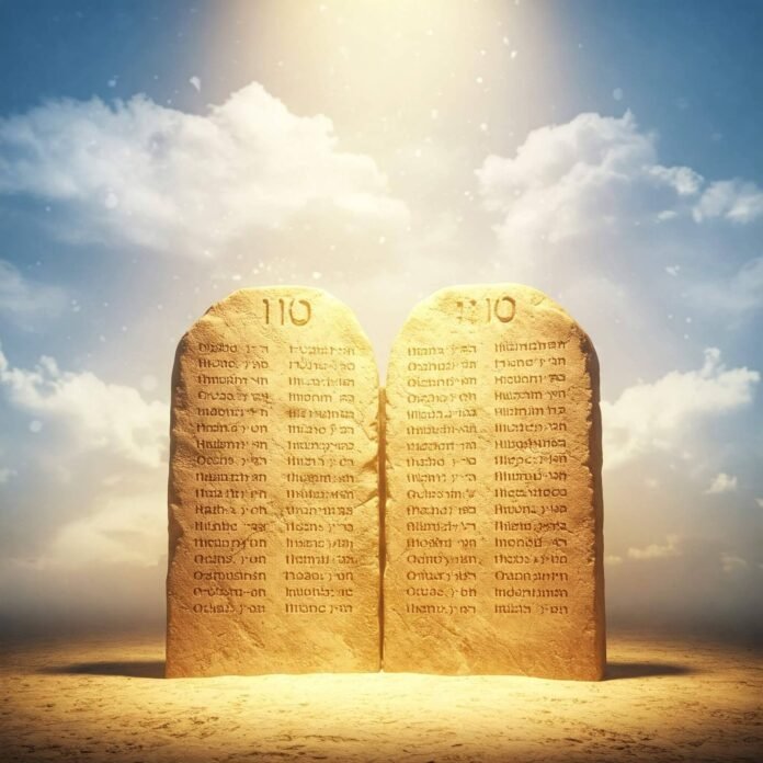stone tablets with the 10 Commandments faintly etched