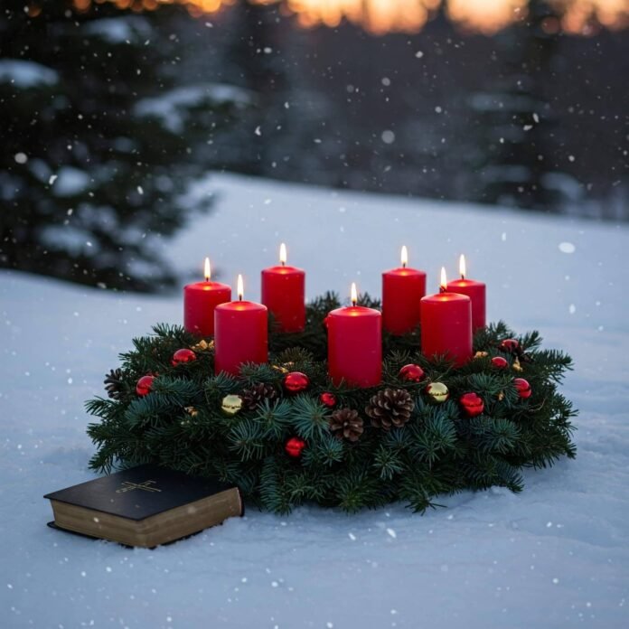 Advent wreath with Bible in snow.