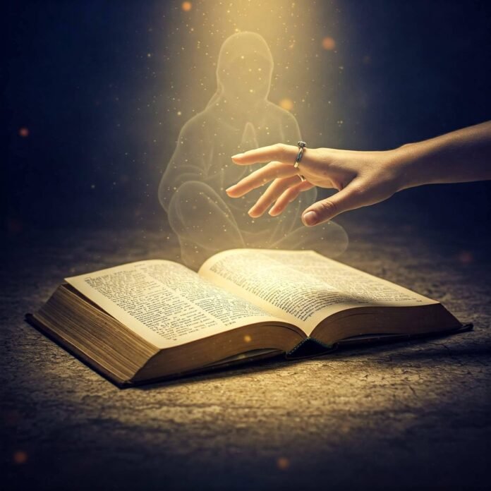 Hand reaching towards Bible light.