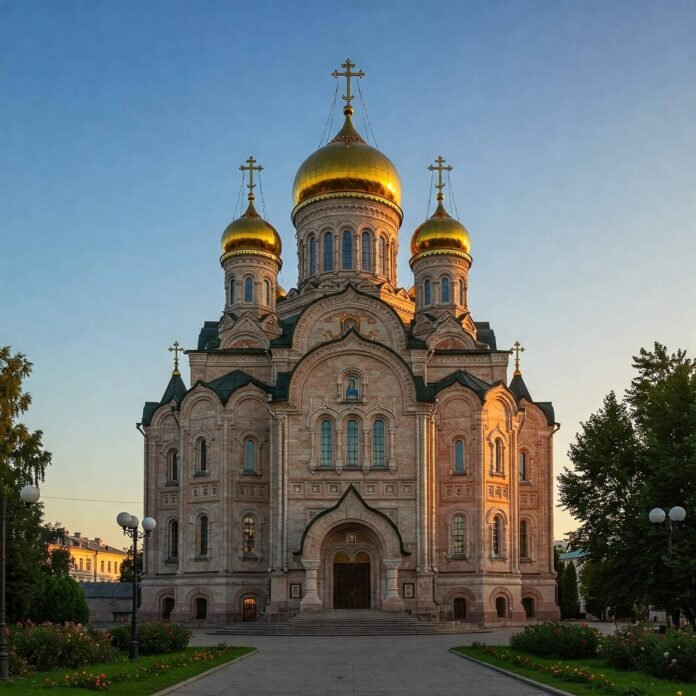 Orthodox church exterior in sunlight.