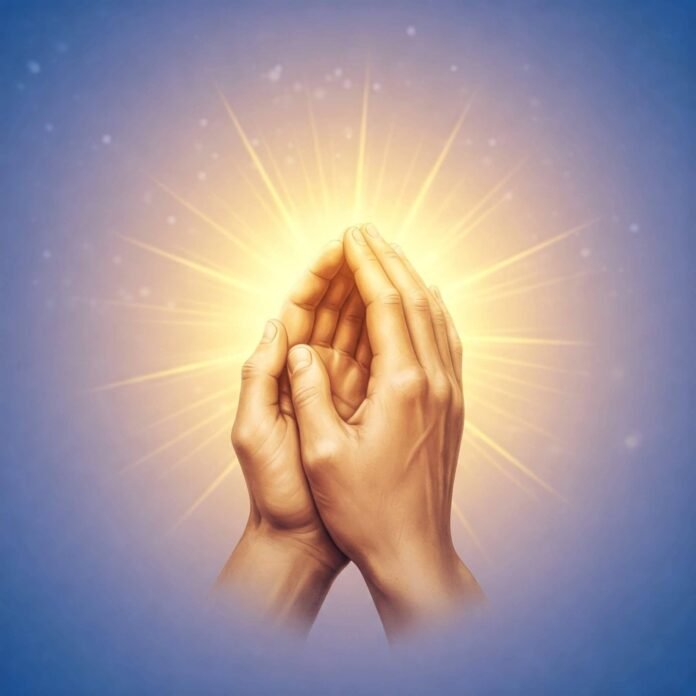 Hands praying with glowing light.