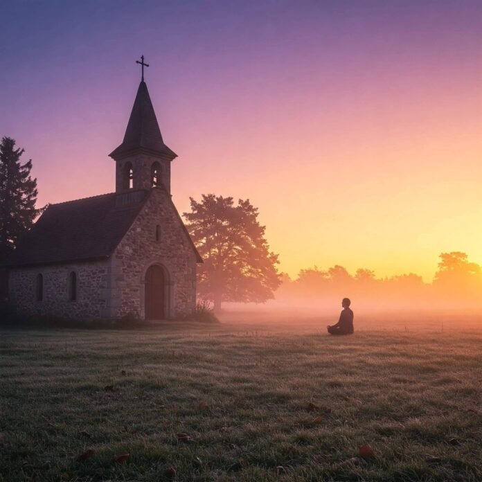 a serene landscape with a glowing sunrise