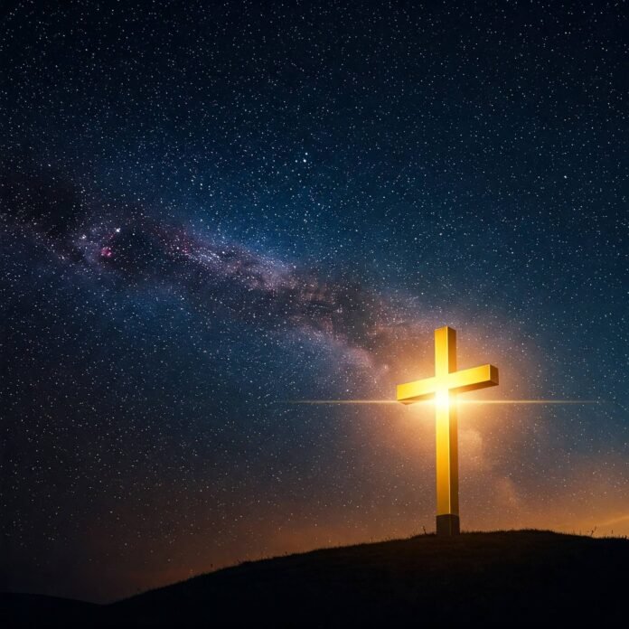 Starry sky with glowing cross.
