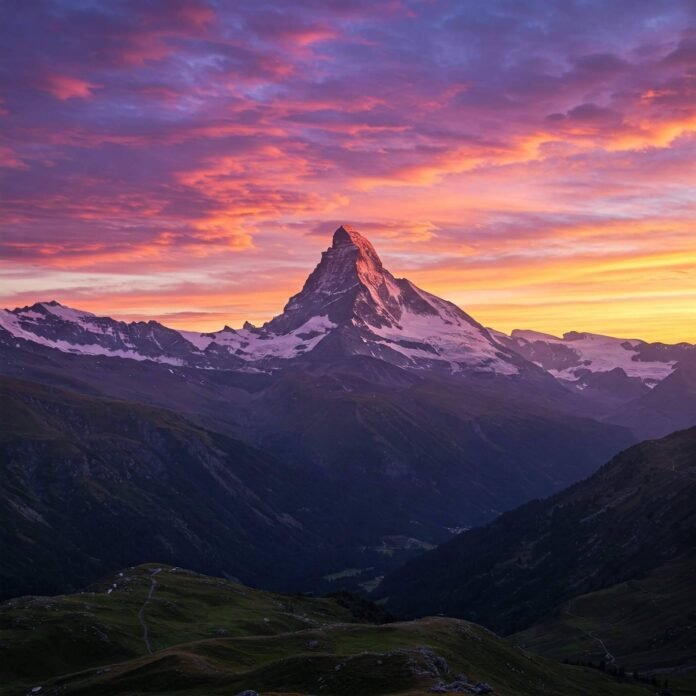 Glowing sunrise over mountain, inspiring.