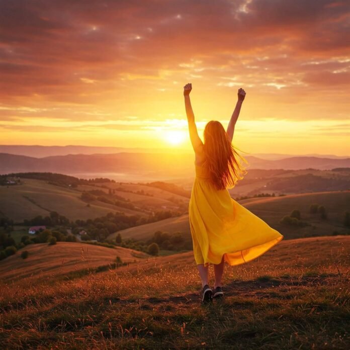 Person celebrating at sunrise.