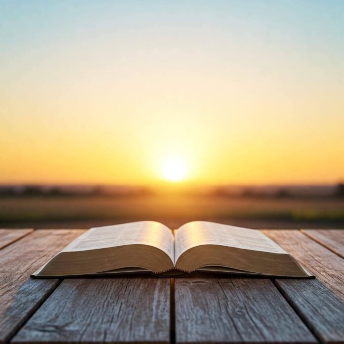 Open Bible with sunrise background