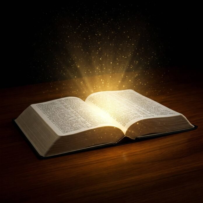 Open Bible glowing on table