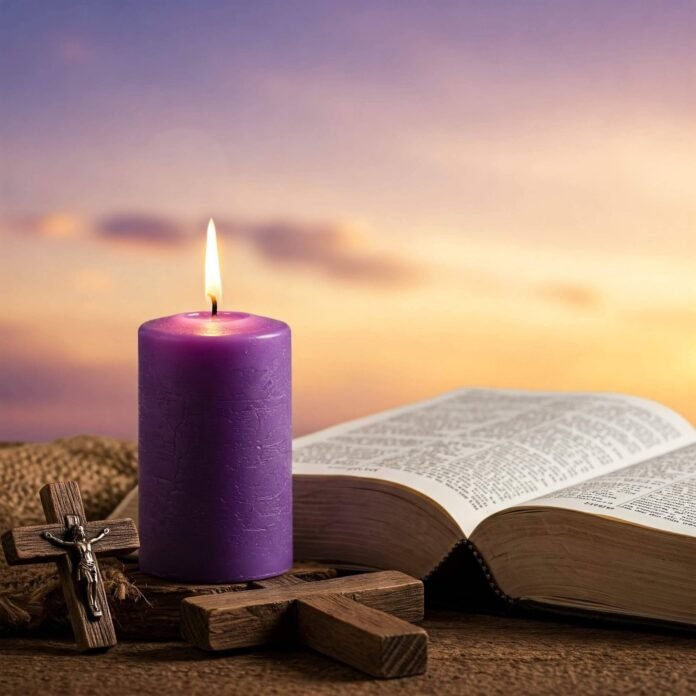 Candle, cross, Bible at dawn.