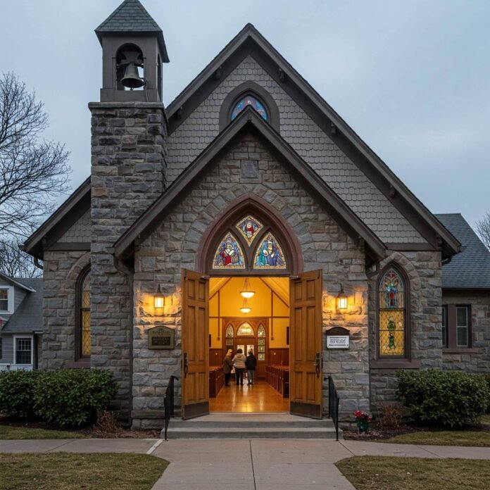 Welcoming church entrance with happy people