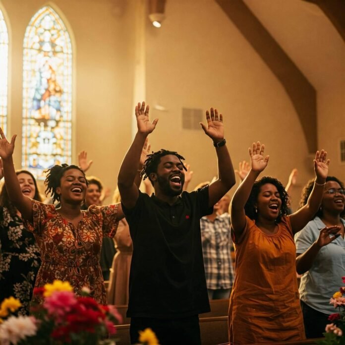 Diverse congregation worshipping joyfully