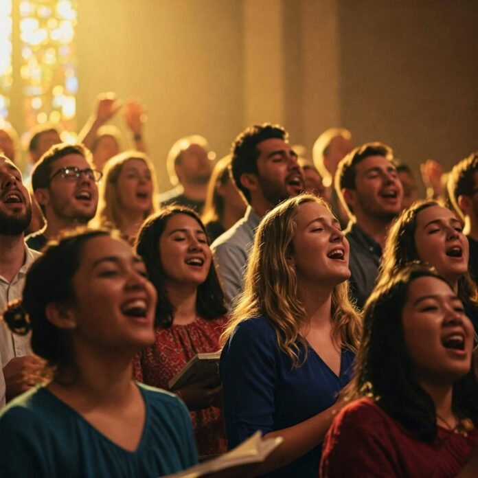 Congregation singing in worship.