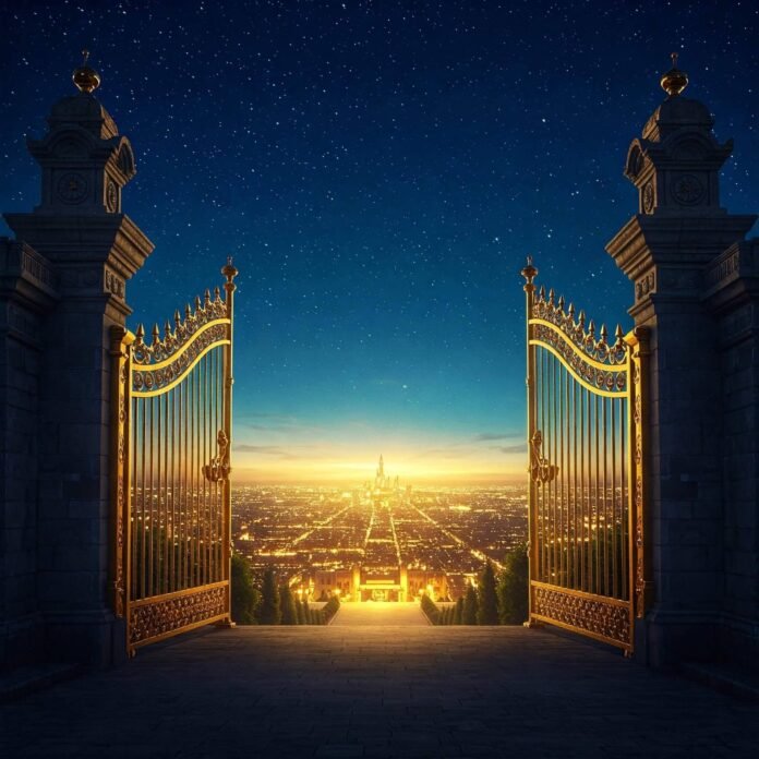 Golden gates, starry divine city.