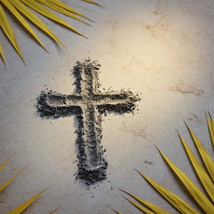 Ash cross with palm fronds.