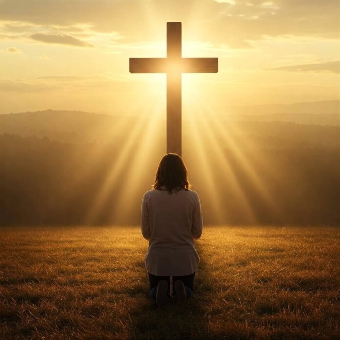 Person kneeling in prayer at dawn