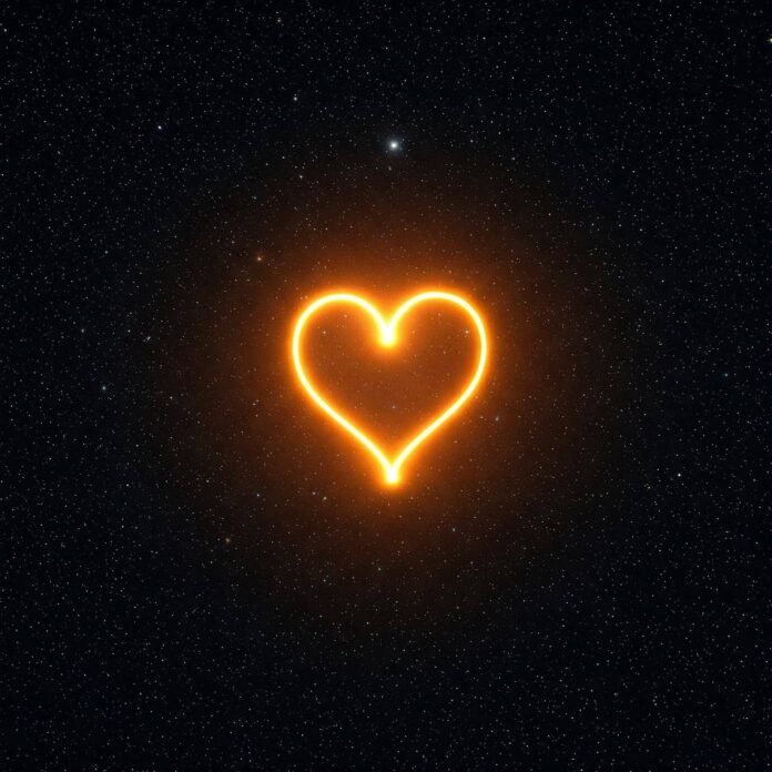 Heart-shaped light under starry sky.