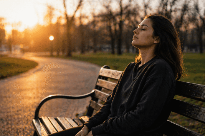 Person sitting alone on park bench at sunrise